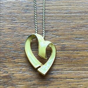 Sliding Open Heart Pendant Necklace Yellow Enamel Gold Tone Vintage 1968 MONET